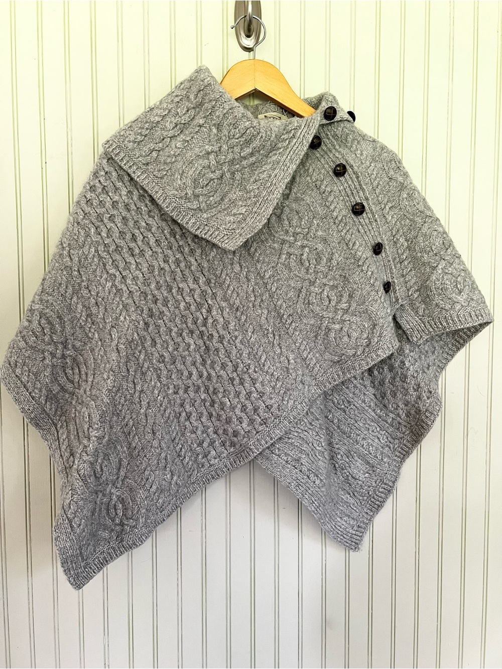 Aran Crafts Woman’s Merino Wool Cable Knit Button Cape Poncho Top